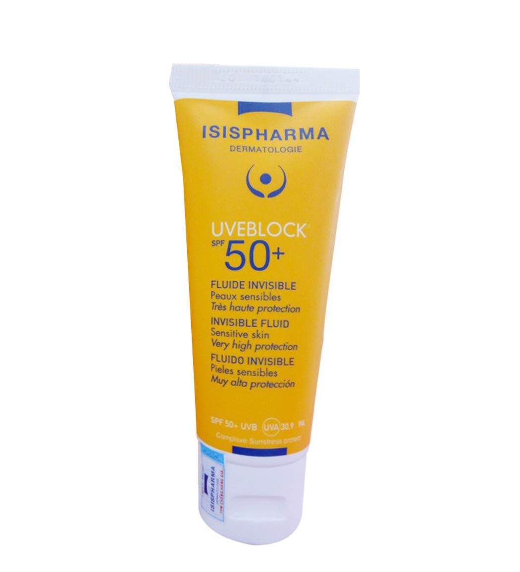 فلوئید ضد آفتاب بی رنگ آیسیس فارما مدل Uveblock با SPF50 مناسب پوست چرب و نرمال حجم 40 میلی لیتر