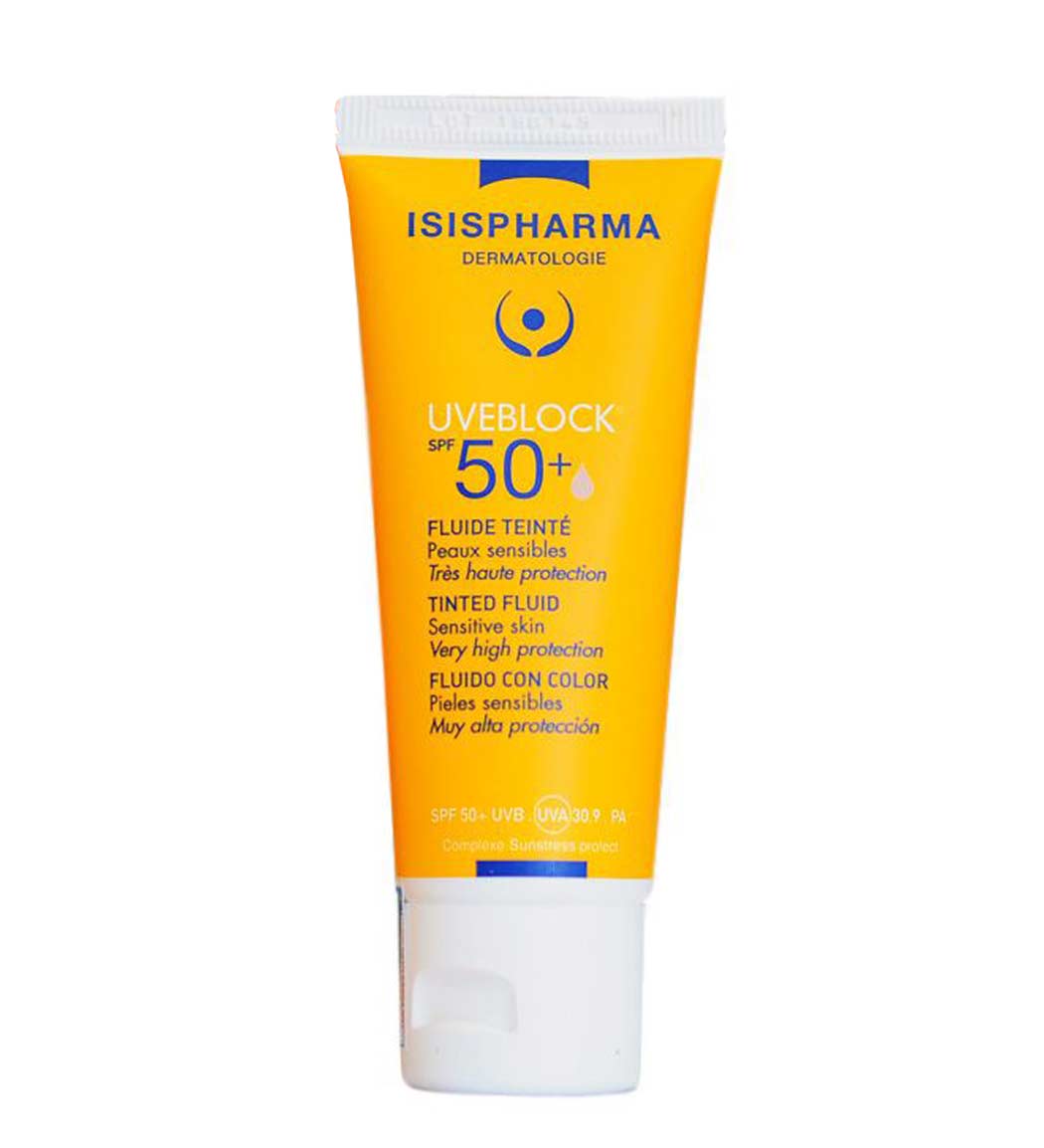 فلوئید ضد آفتاب رنگی آیسیس فارما مدل Uveblock با SPF50 مناسب پوست چرب و نرمال حجم 40 میلی لیتر