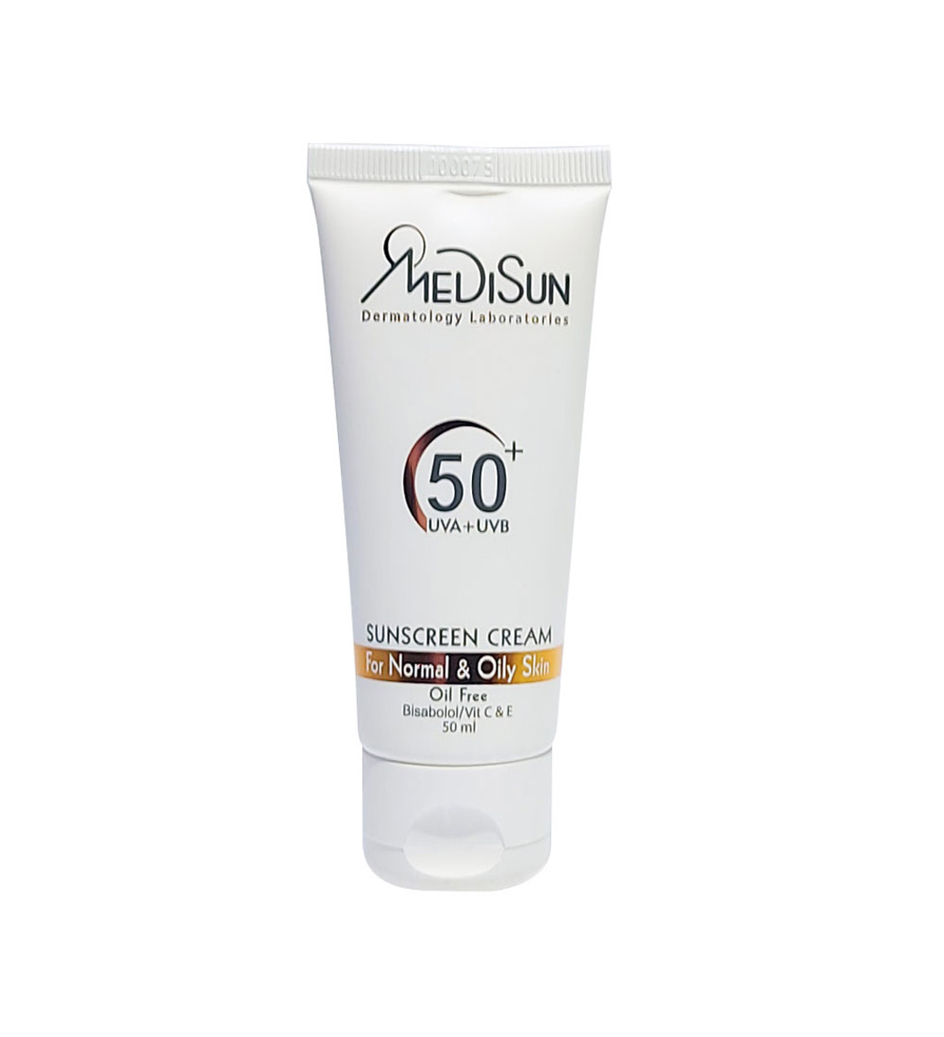 کرم ضد آفتاب بی رنگ مدیسان با SPF50 مناسب پوست نرمال و چرب حجم 50 میلی لیتر