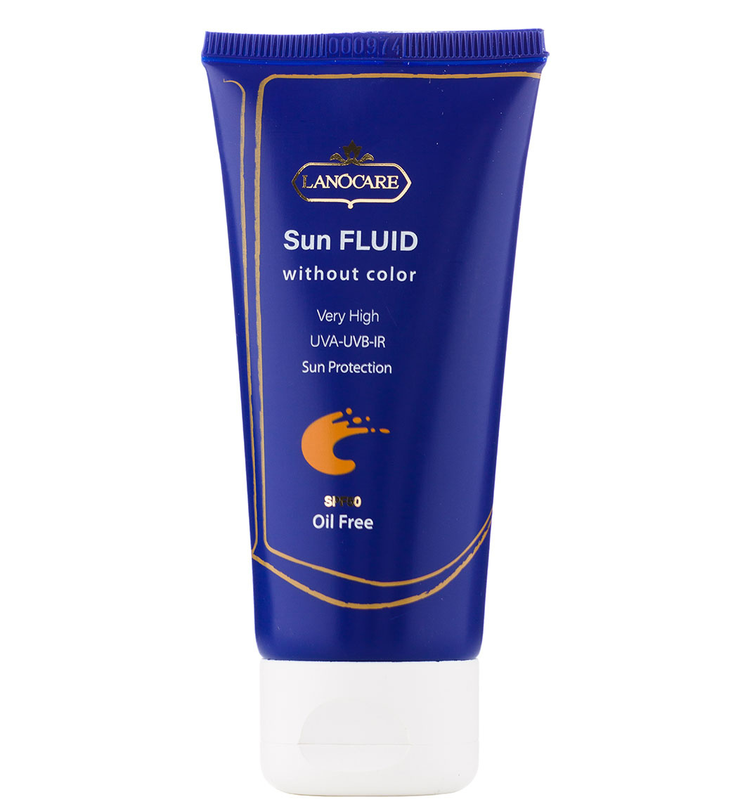 فلوئید ضد آفتاب بی رنگ لانوکر با SPF50 مناسب انواع پوست حجم 50 میلی لیتر