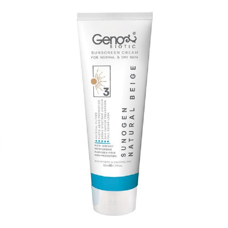 کرم ضد آفتاب رنگی سانوژن SPF50 مناسب پوست خشک و معمولی (بژ طبیعی) ژنوبایوتیک