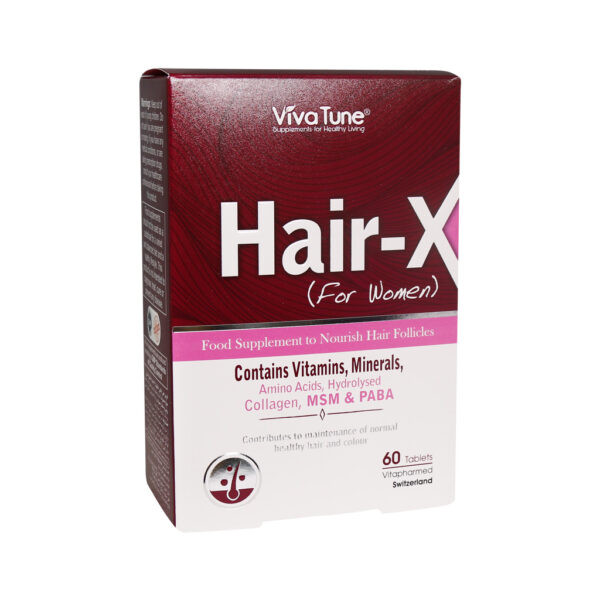 مکمل غذایی تقویت و حفظ سلامت مو بانوان ویوا تون مدل Hair-X با کلاژن هیدرولیز شده، ویتامین‌ها، آمینو اسید، بیوتین، روی، سلنیوم، MSM و PABA، تغذیه عمیق فولیکول و تقویت ریشه مو، بسته 